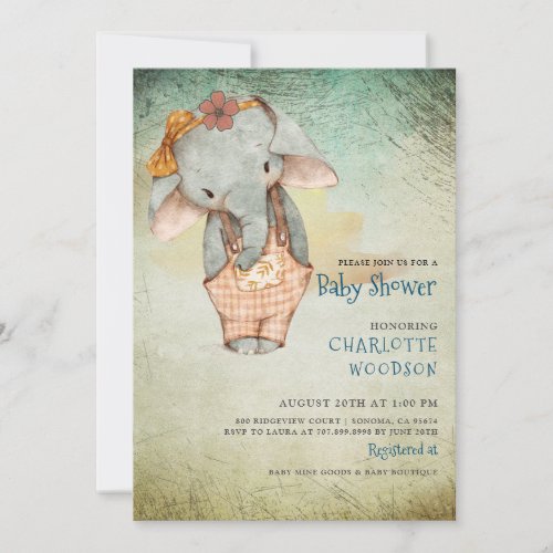 Simple Cute Watercolor Elephant Girl Baby Shower  Invitation