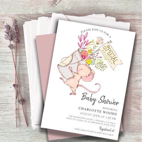 Simple Cute Watercolor Mouse Girl Baby Shower  Invitation