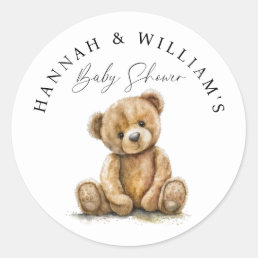 Simple Cute watercolor Teddy Bear Baby Shower Classic Round Sticker
