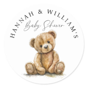 Simple Cute watercolor Teddy Bear Baby Shower Classic Round Sticker