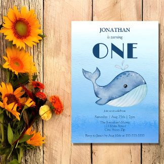 Simple Cute Whale Blue Sea 1st Birthday  Invitation