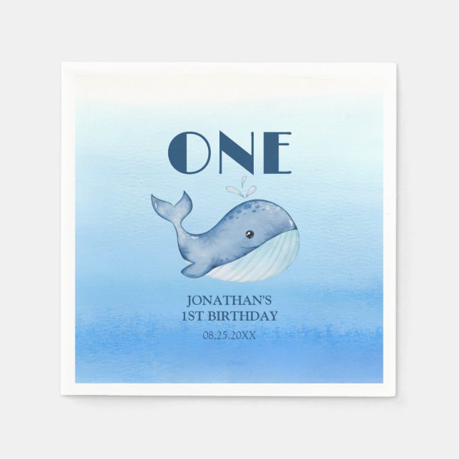 Simple Cute Whale Blue Sea 1st Birthday  Napkins (Front)