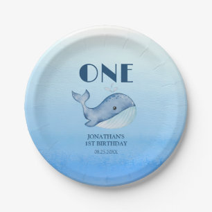 Simple Cute Whale Blue Sea 1st Birthday Paper Plates