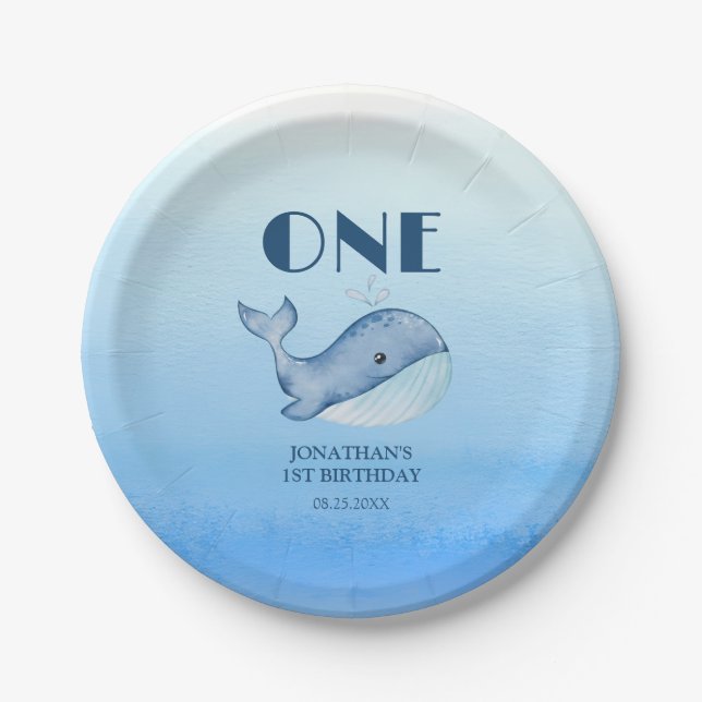 Simple Cute Whale Blue Sea 1st Birthday  Paper Plates (Front)