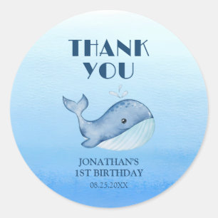 Simple Cute Whale Blue Sea 1st Birthday Thank You Classic Round Sticker