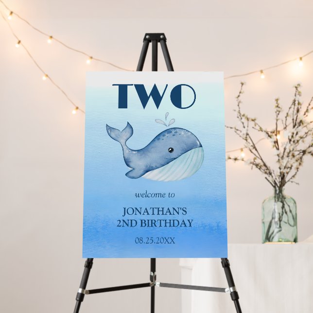 Simple Cute Whale Blue Sea 2nd Birthday Welcome Foam Board (In Situ (Stand))