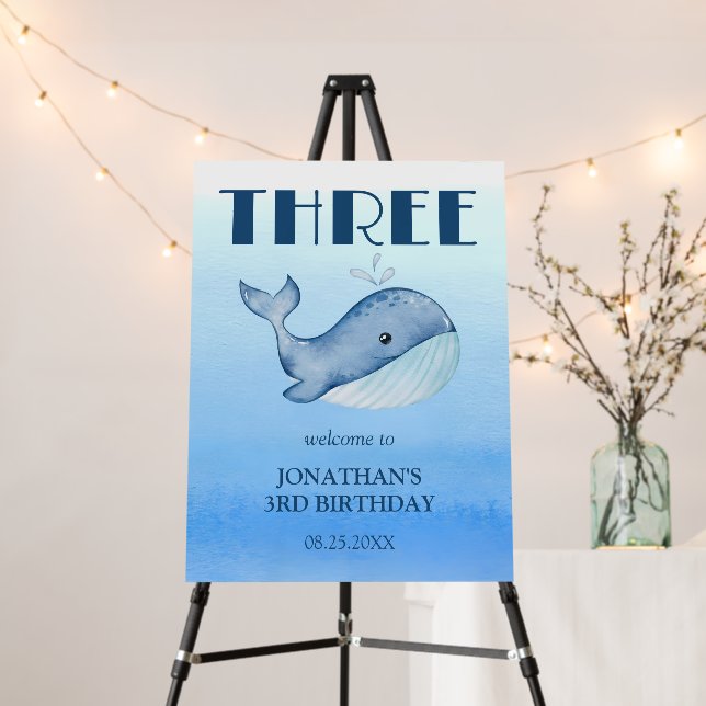 Simple Cute Whale Blue Sea 3rd Birthday Welcome Foam Board (In Situ (Stand))