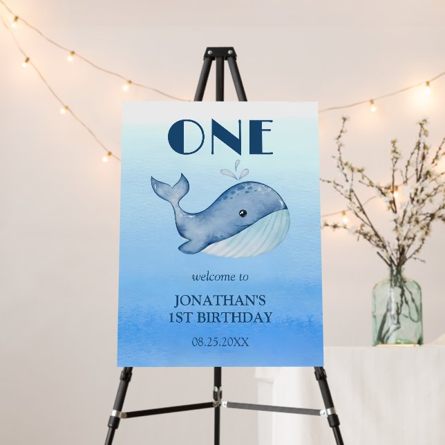 Simple Cute Whale Blue Sea Birthday Welcome Foam Board (In Situ (Stand))
