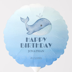 Simple Cute Whale Blue Sea Happy Birthday Balloon