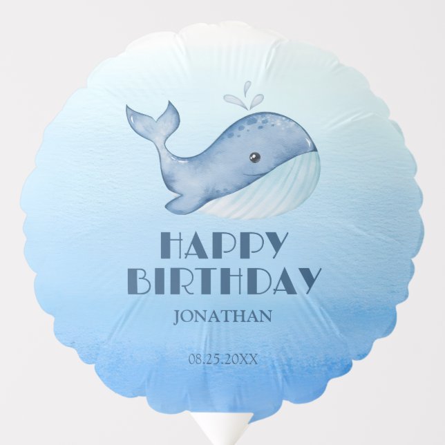 Simple Cute Whale Blue Sea Happy Birthday  Balloon (Front)