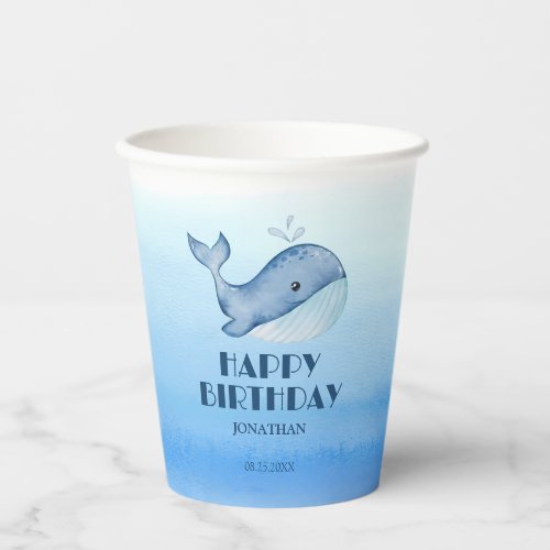 Simple Cute Whale Blue Sea Happy Birthday  Paper Cups