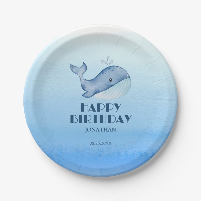 Simple Cute Whale Blue Sea Happy Birthday  Paper Plates (Front)