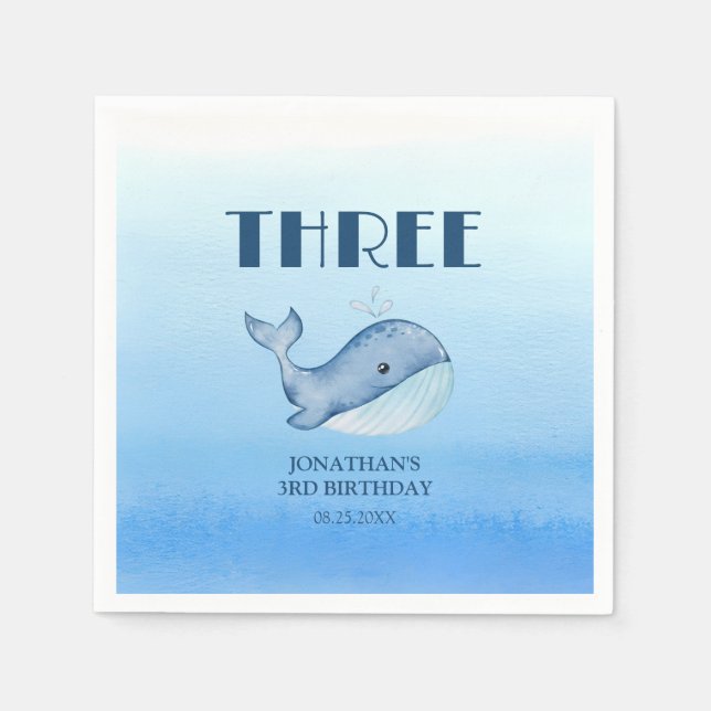 Simple Cute Whale Blue Sea Ocean Birthday  Napkins (Front)