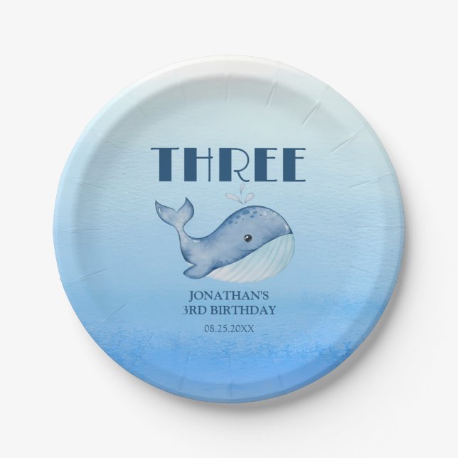 Simple Cute Whale Blue Sea Ocean Birthday  Paper Plates (Front)