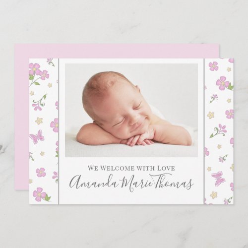 Simple Cute Whimsical Floral Photo Pink Girl Announcement