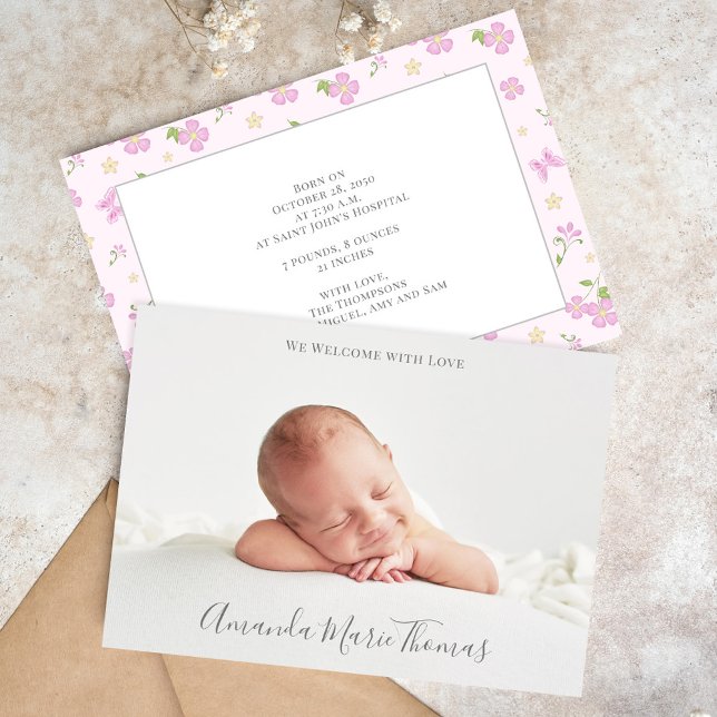 Simple Cute Whimsical Floral Photo Pink Girl Announcement (Cute photo baby announcement template card. )