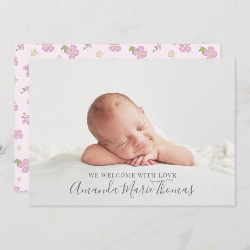 Simple Cute Whimsical Floral Photo Pink Girl Announcement