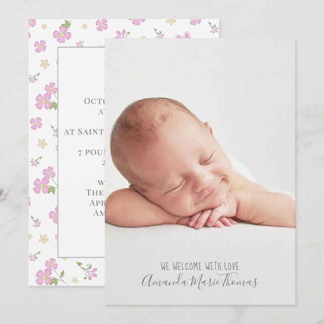 Simple Cute Whimsical Floral Photo Pink Girl Announcement (Front/Back)