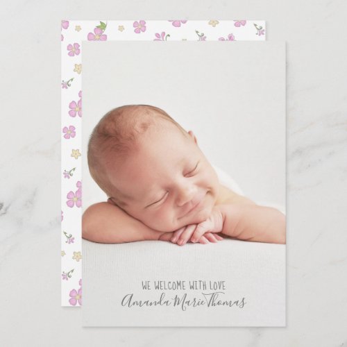 Simple Cute Whimsical Floral Photo Pink Girl Announcement