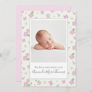 Simple Cute Whimsical Floral Photo Pink Girl Announcement