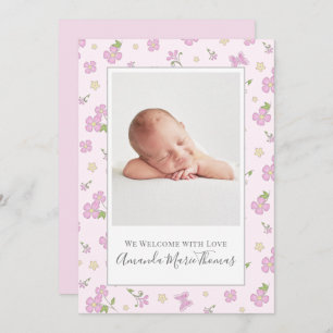 Simple Cute Whimsical Floral Photo Pink Girl Announcement