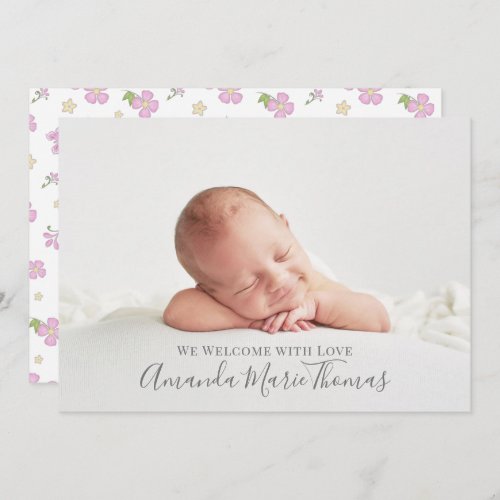 Simple Cute Whimsical Floral Photo Pink Girl Announcement