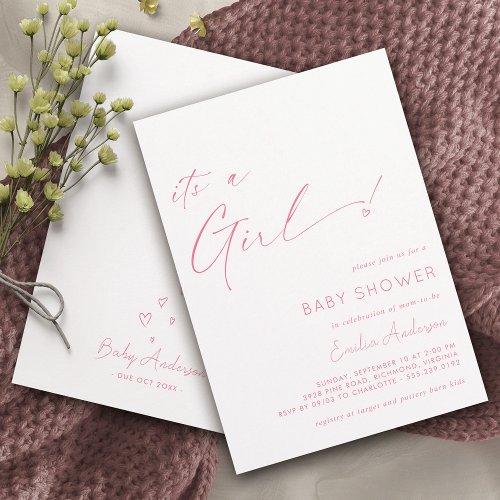Simple Cute White and Pink Heart Girl Baby Shower Invitation