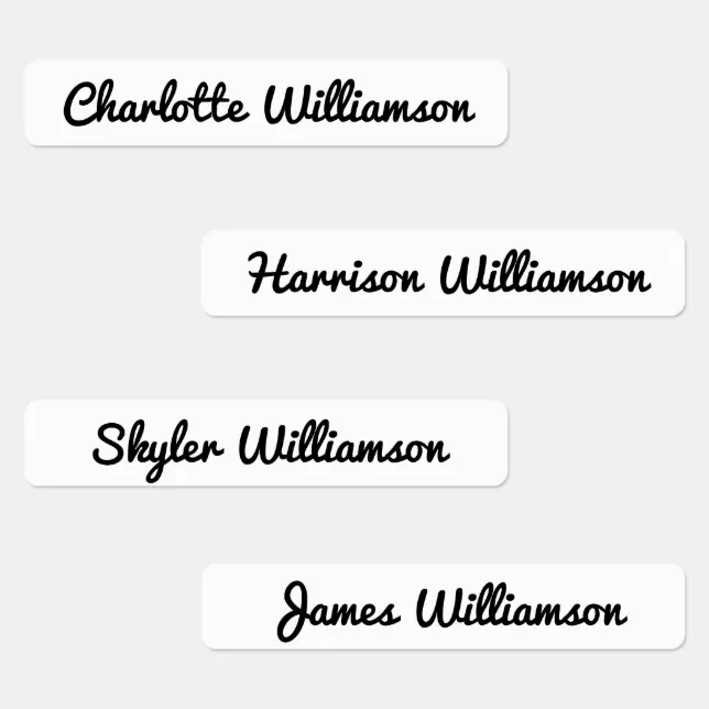 Simple Cute white black Custom cursive name text Kids' Labels | Zazzle