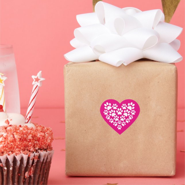 Simple Cute White Bright Pink Paw Print Heart Heart Sticker (Party)