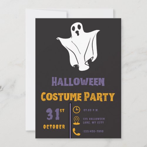 Simple Cute White Ghost Black Halloween Invitation
