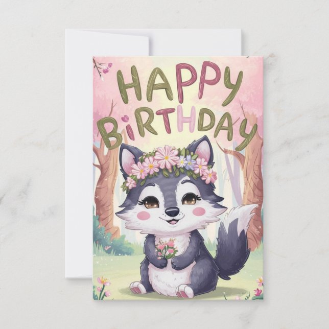 Simple Cute Wolf Digital Birthday Card (Front)