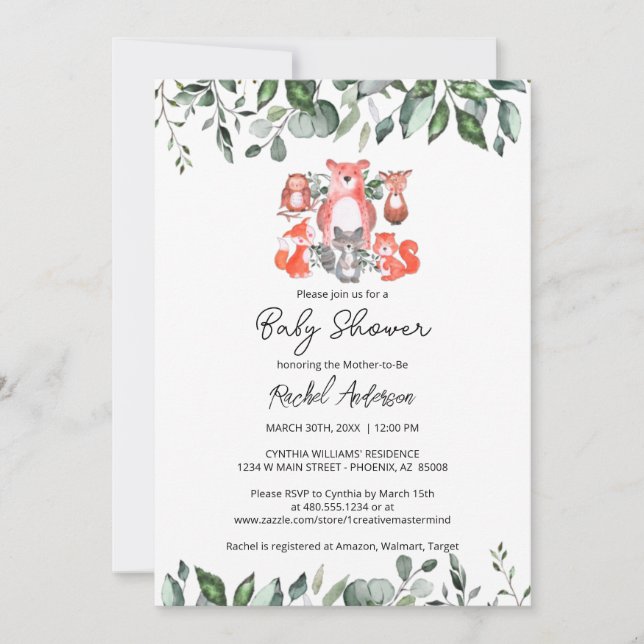 Simple Cute Woodland Animals Greenery Baby Shower Invitation (Front)
