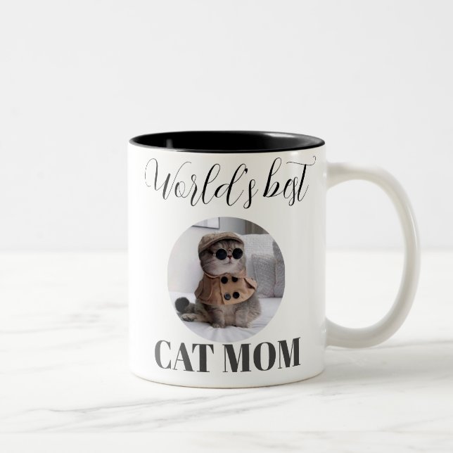 Simple Cute World's Best Cat Mom Photo Two-Tone Coffee Mug (Right)