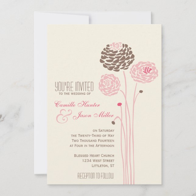 Simple Dahlia - Vintage Pink & Brown Wedding Invitation (Front)
