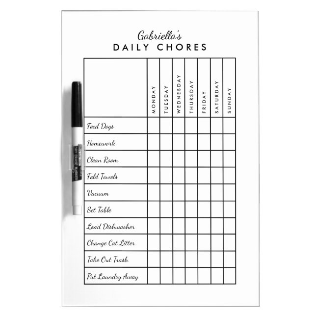 Simple Daily Chore Chart Dry-Erase Board (Front)