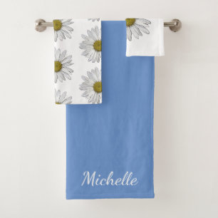 Simple Daisies Botanical Blue Boho Girly  Bath Towel Set