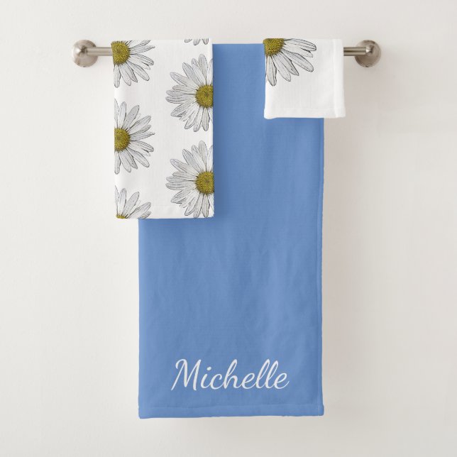 Simple Daisies Botanical Blue Boho Girly  Bath Towel Set (Insitu)