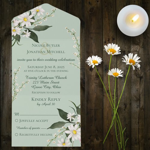 Simple Daisies on Sage Green  All In One Invitation