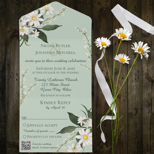 Simple Daisies on Sage Green with QR Code All In One Invitation (Creator Uploaded)