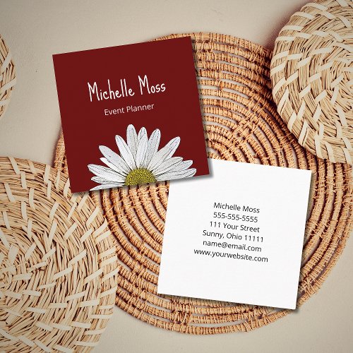 Simple Daisy Boho Red Burgundy Event Planner Square Business Card
