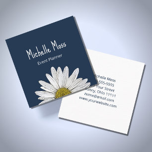 Simple Daisy Botanical Boho Navy Blue Square Business Card