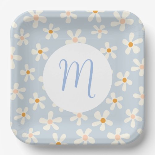 Simple Daisy Flower Blue and White Custom Initial Paper Plates