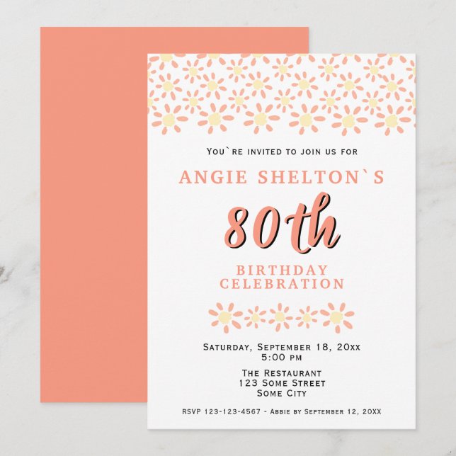 Simple Daisy Flower Floral 80th Birthday Party Invitation (Front/Back)