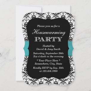 Simple Damask & Teal Ribbon Housewarming Party Invitation