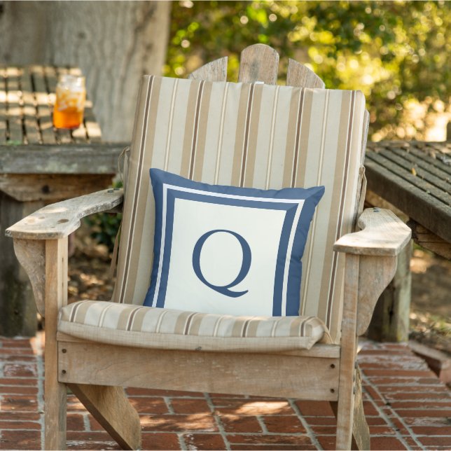 Simple Dark Blue and Beige Monogram Template Outdoor Pillow (Chair)