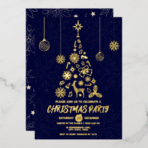Simple Dark Blue and Gold Elegant Christmas Tree Foil Invitation