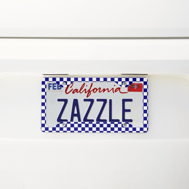 Simple Dark Blue and White Checkerboard Pattern License Plate Frame (On Car)
