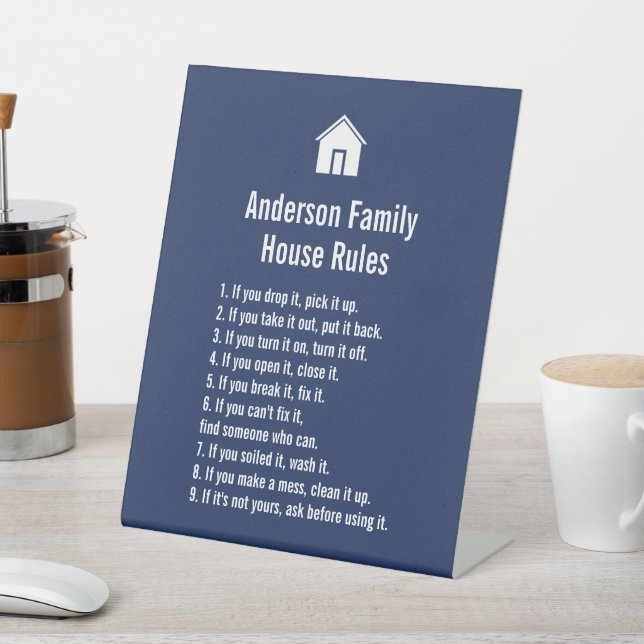 Simple Dark Blue and White Family's House Rules Pedestal Sign (In SItu)