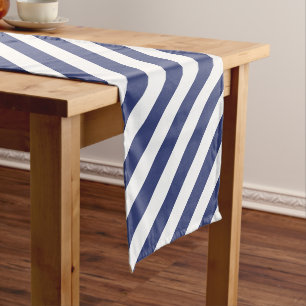 Simple Dark Blue and White Stripes Pattern Short Table Runner