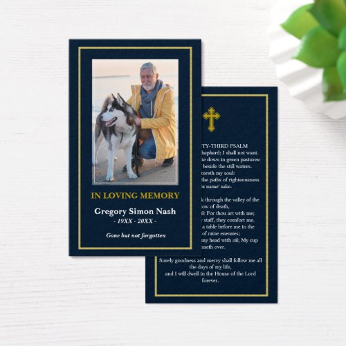 Simple Dark Blue Gold Photo Funeral Card